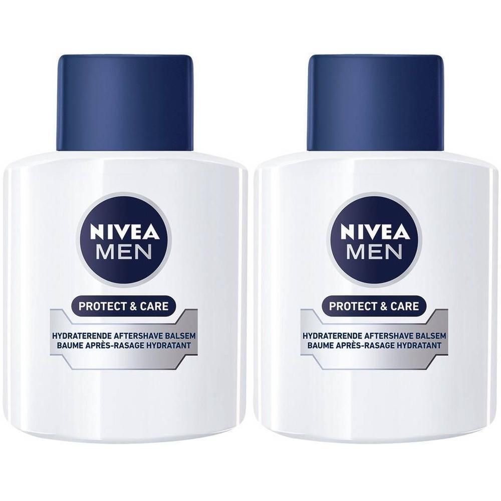 Twee witte flessen met blauwe doppen. Opschrift: NIVEA MEN, Protect & Care. Tekst: Hydraterende Aftershave Balsem.