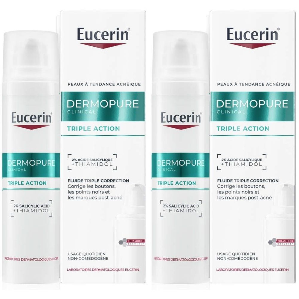 Flacon Eucerin DERMOPURE CLINICAL Triple Action. Etiquette verte, texte: 2% acide salicylique + Thiamidol. Usage quotidien.