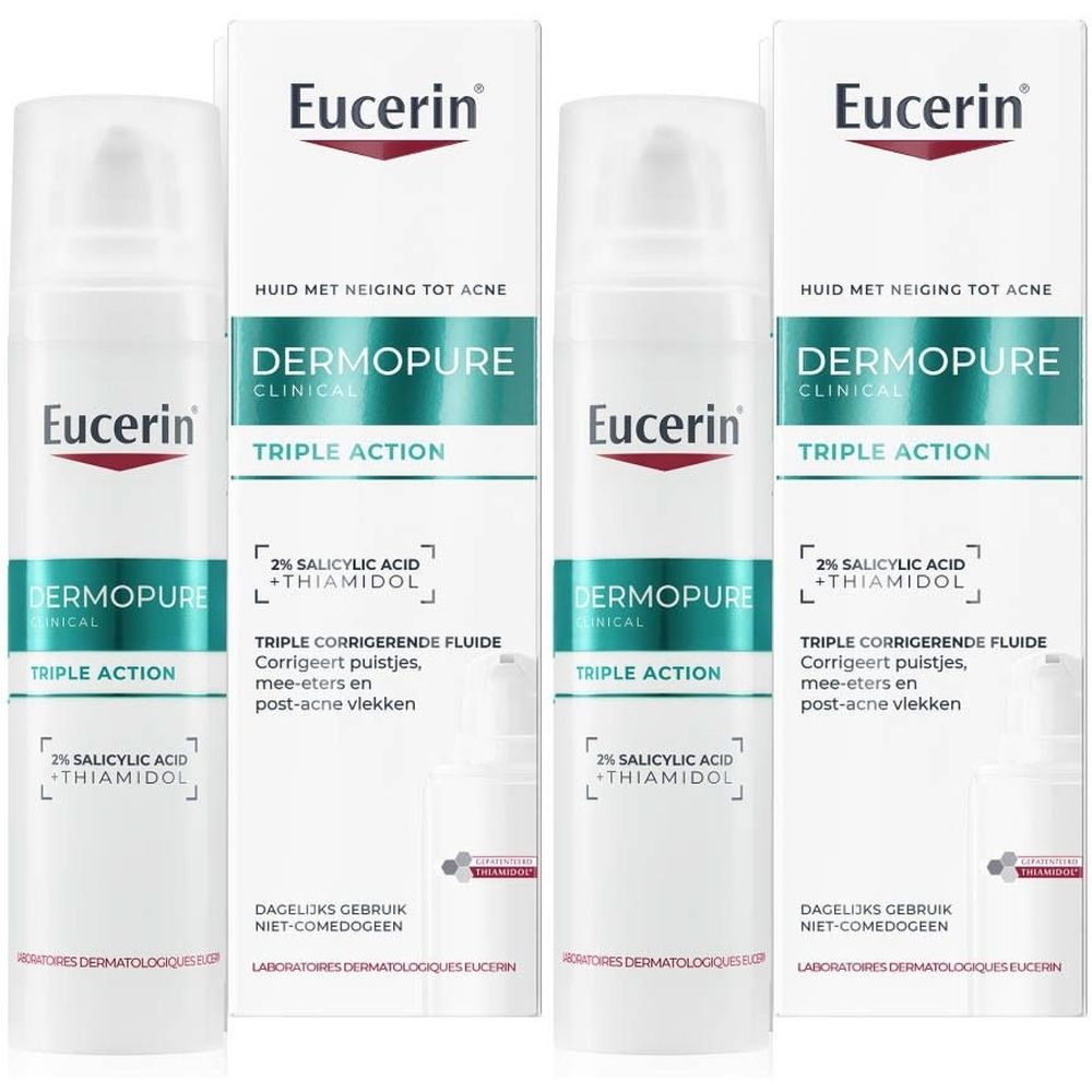 Eucerin DERMOPURE CLINICAL Triple Action. Witte fles met groene label. Tekst: 2% salicylzuur + Thiamidol. Dagelijks gebruik.