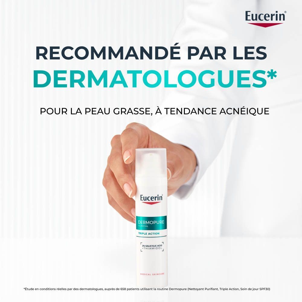 Eucerin Dermopure Clinical Triple Action Fluide, recommandé par les dermatologues.