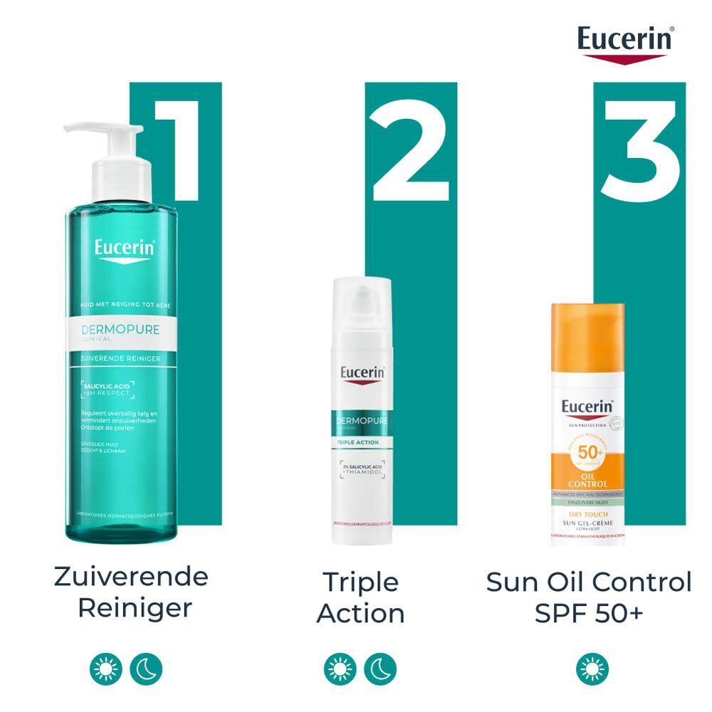Eucerin Dermopure Clinical Triple Action Fluide: niet comedogeen, trekt snel in.
