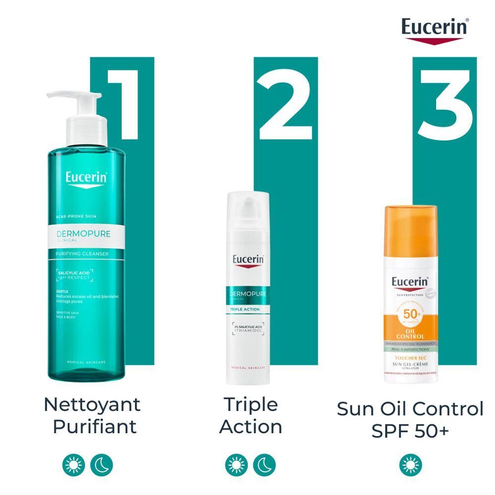 Routine Eucerin Dermopure : Nettoyant, Fluide Triple Action, Protection Solaire.