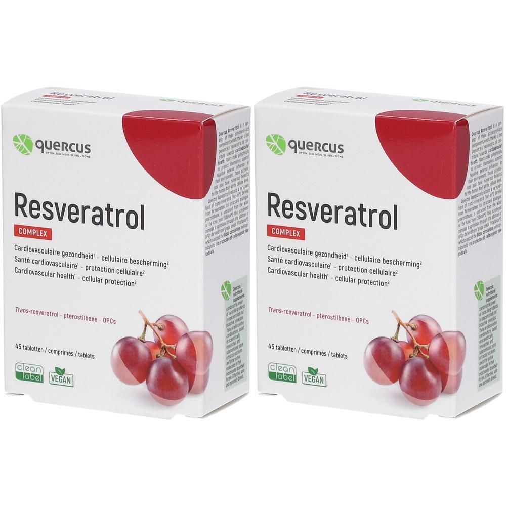 Twee dozen QUERCUS Resveratrol Complex. Witte verpakking met rode deksel. Opdruk: productnaam, druivenafbeelding, logo's.
