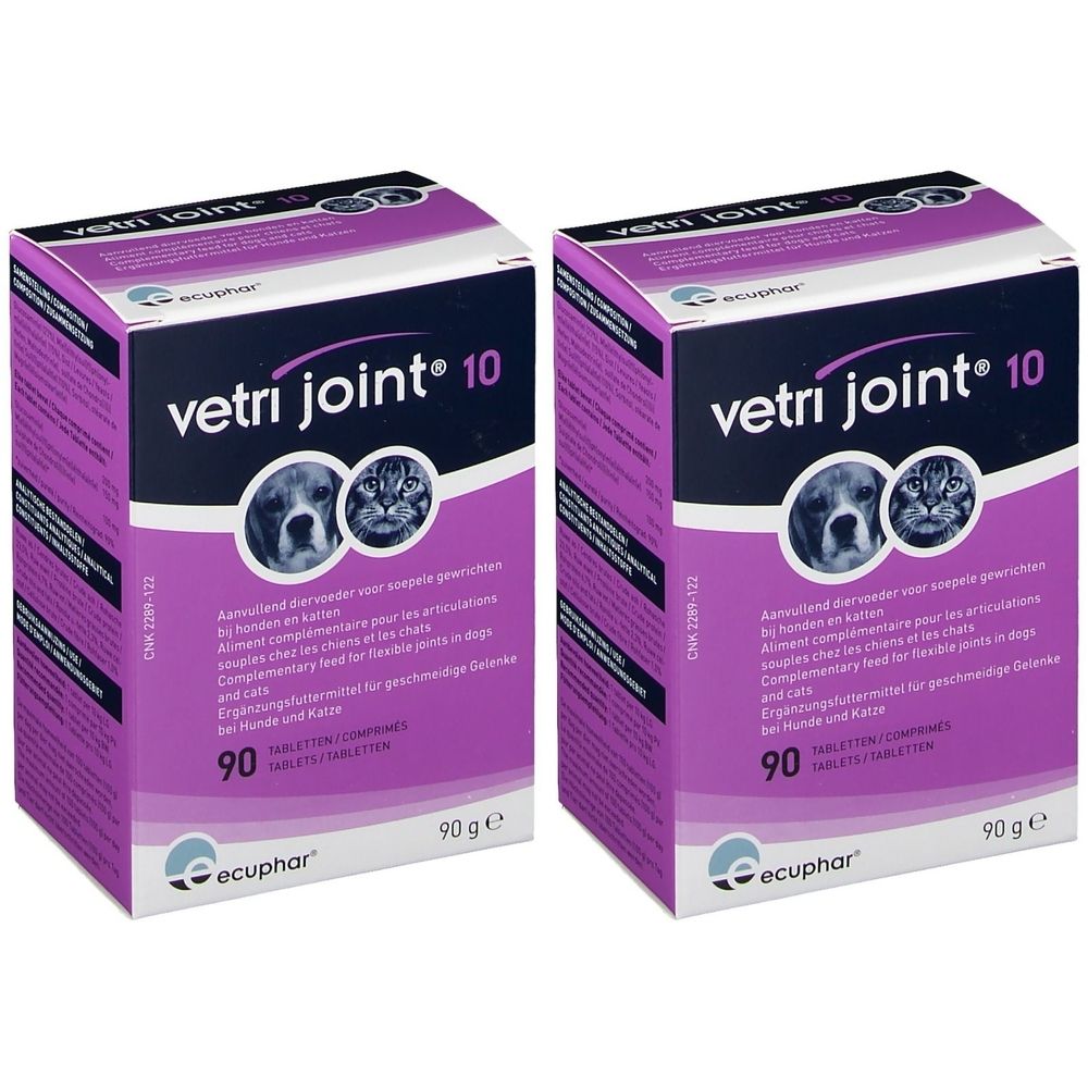 Deux boîtes de "vetri joint 10". Inscriptions : chien et chat, 90 comprimés, 90g, marque "ecuphar". Emballage violet et blanc.