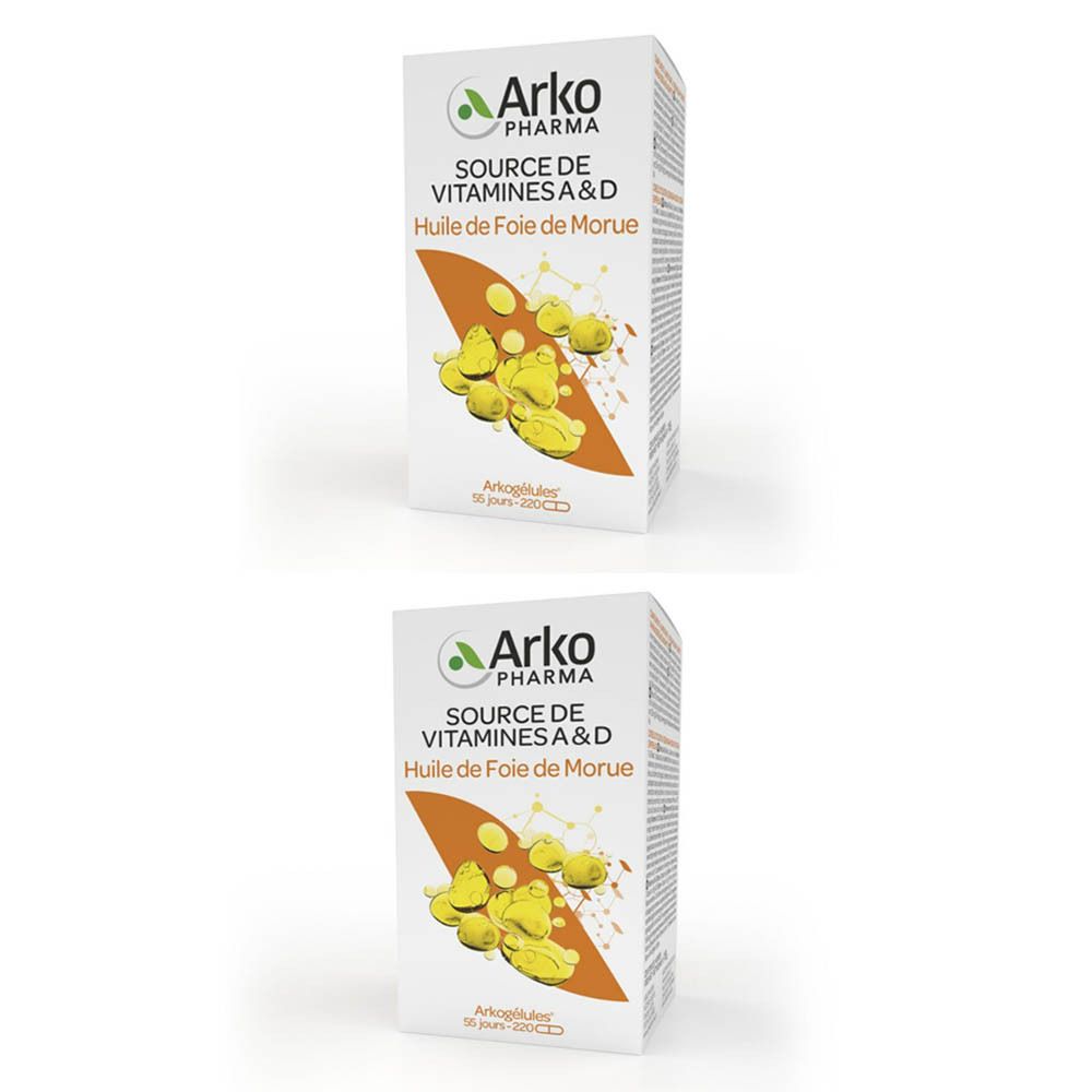 Boîte Arkogélules Huile Foie Morue. Source de Vitamines A&D. Capsules jaunes sur fond orange.
