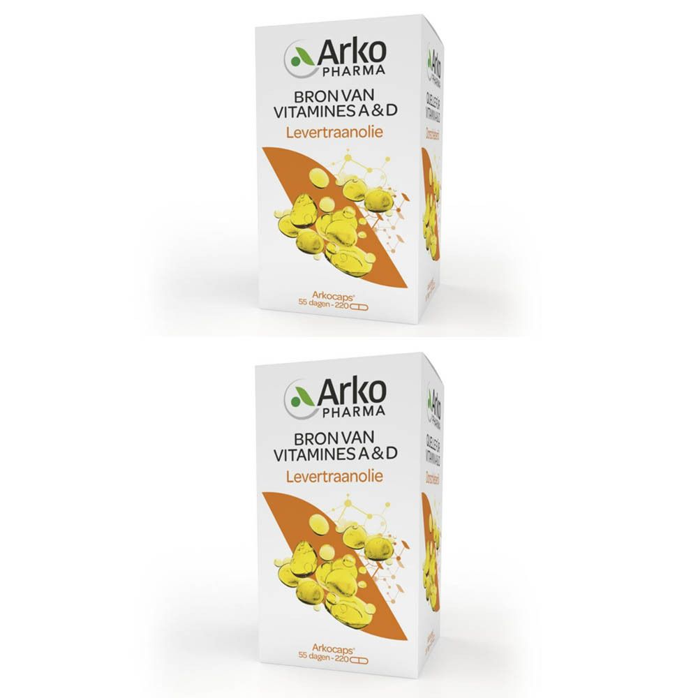 Doos Arkogélules Levertraanolie. Bron van Vitamines A&D. Gele capsules op oranje achtergrond.