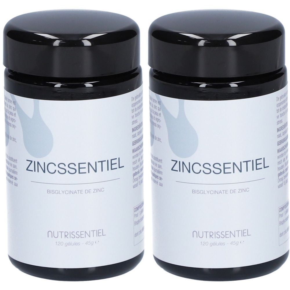 Twee zwarte potten met de tekst ZINCSSENTIEL. Opschrift: Bisglycinaat de Zinc, Nutrissentiel.