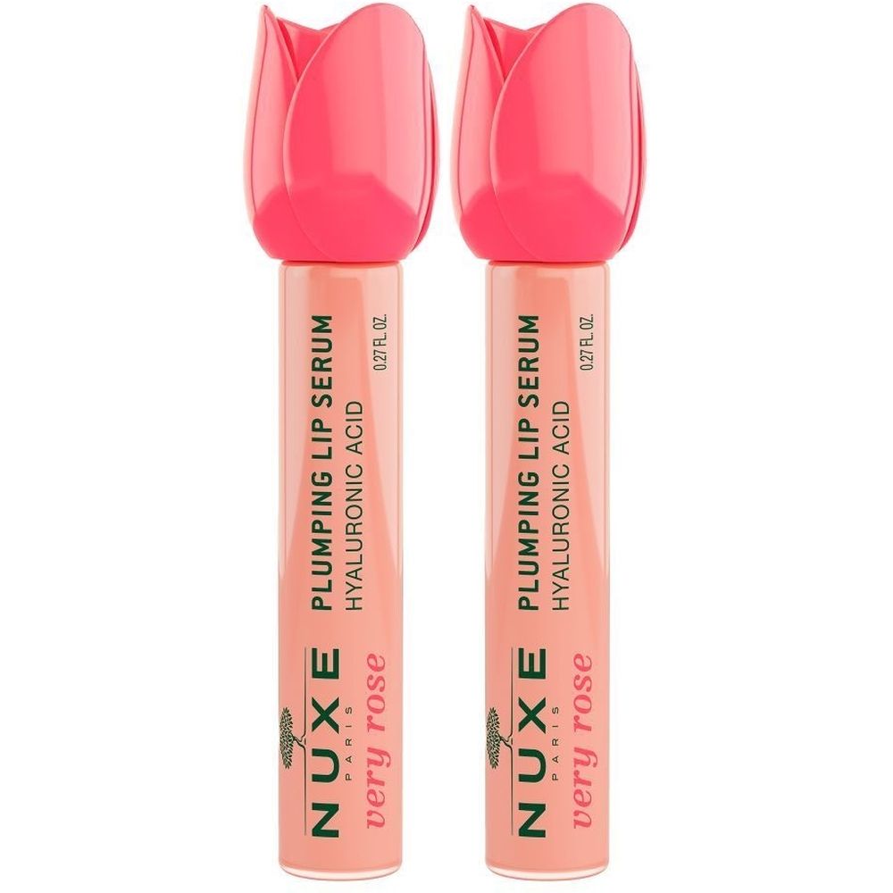 Deux sérums pour les lèvres roses. Inscription : Nuxe, very rose, Plumping Lip Serum, acide hyaluronique. Le bouchon a la forme d'une fleur.