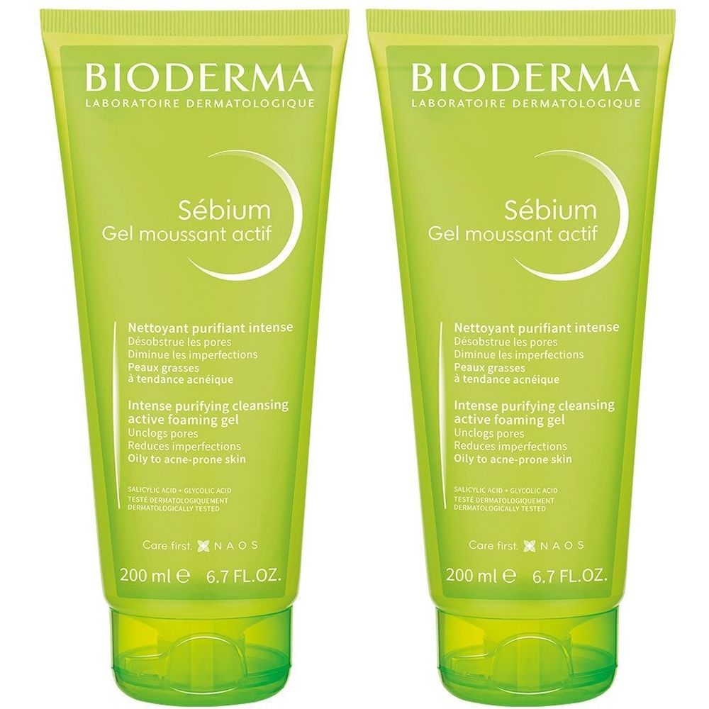 Twee groene tubes Bioderma Sébium Gel Moussant Actif. Opschrift: Sébium, Gel moussant actif, 200 ml.