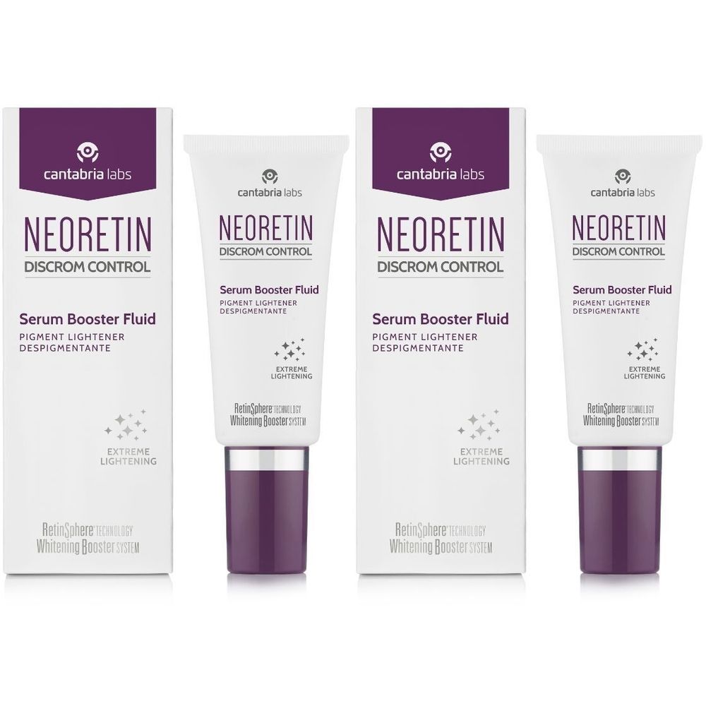 Drie tubes en twee dozen. Opschrift: NEORETIN DISCROM CONTROL, Serum Booster Fluid, Pigment Lightener.