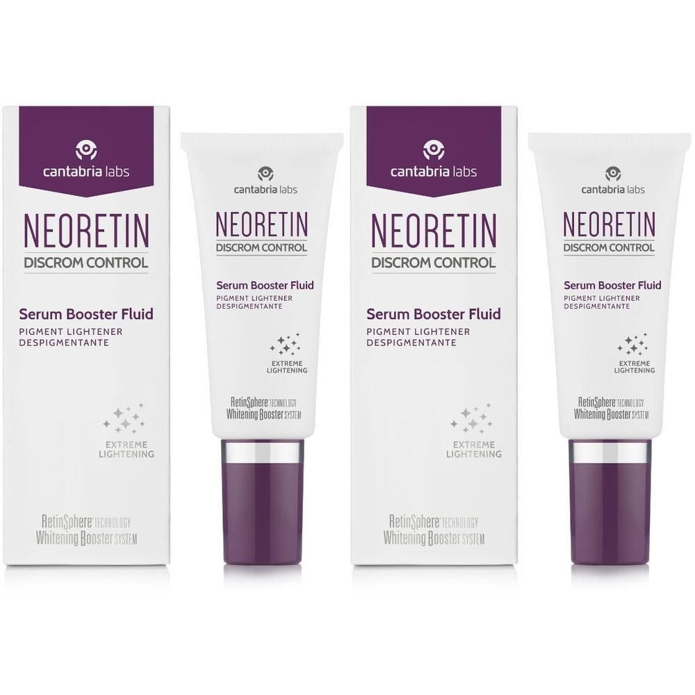 Twee tubes en twee dozen. Opschrift: NEORETIN Discrom Control Serum Booster Fluid. Witte, paarse en zwarte elementen.