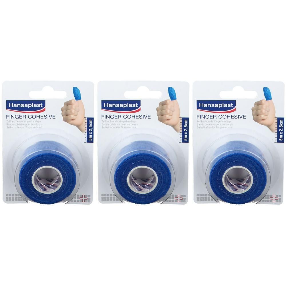 Drie rollen blauwe Hansaplast vingerverband in blisterverpakking. Opschrift: Finger Cohesive, 5 m x 2,5 cm.