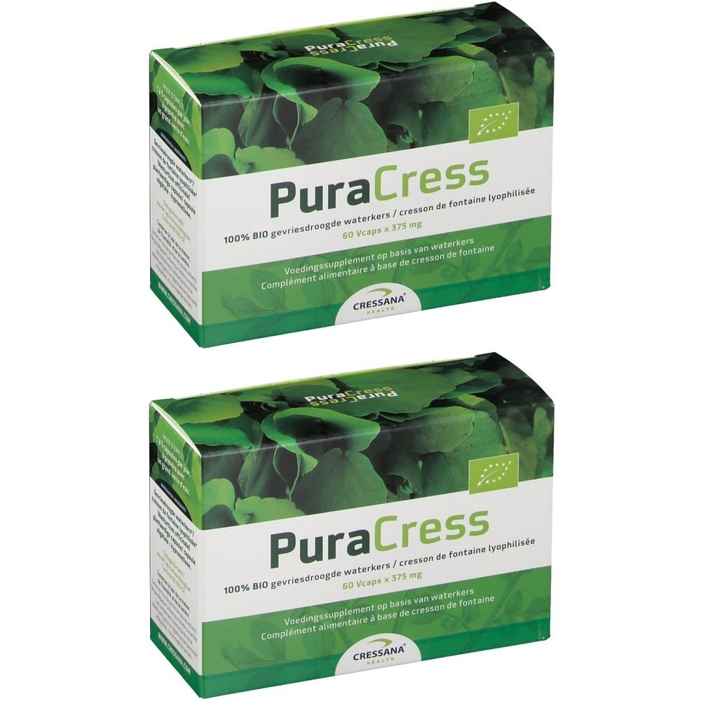 Twee groene dozen PuraCress. Opschrift: 60 capsules x 375 mg. Bio-certificering. Cressana logo.