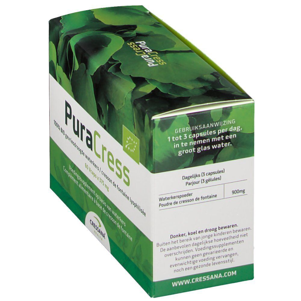 Groene doos met "PuraCress" logo en bladeren. Tekst: "Gebruiksaanwijzing: 1 tot 3 capsules per dag". 