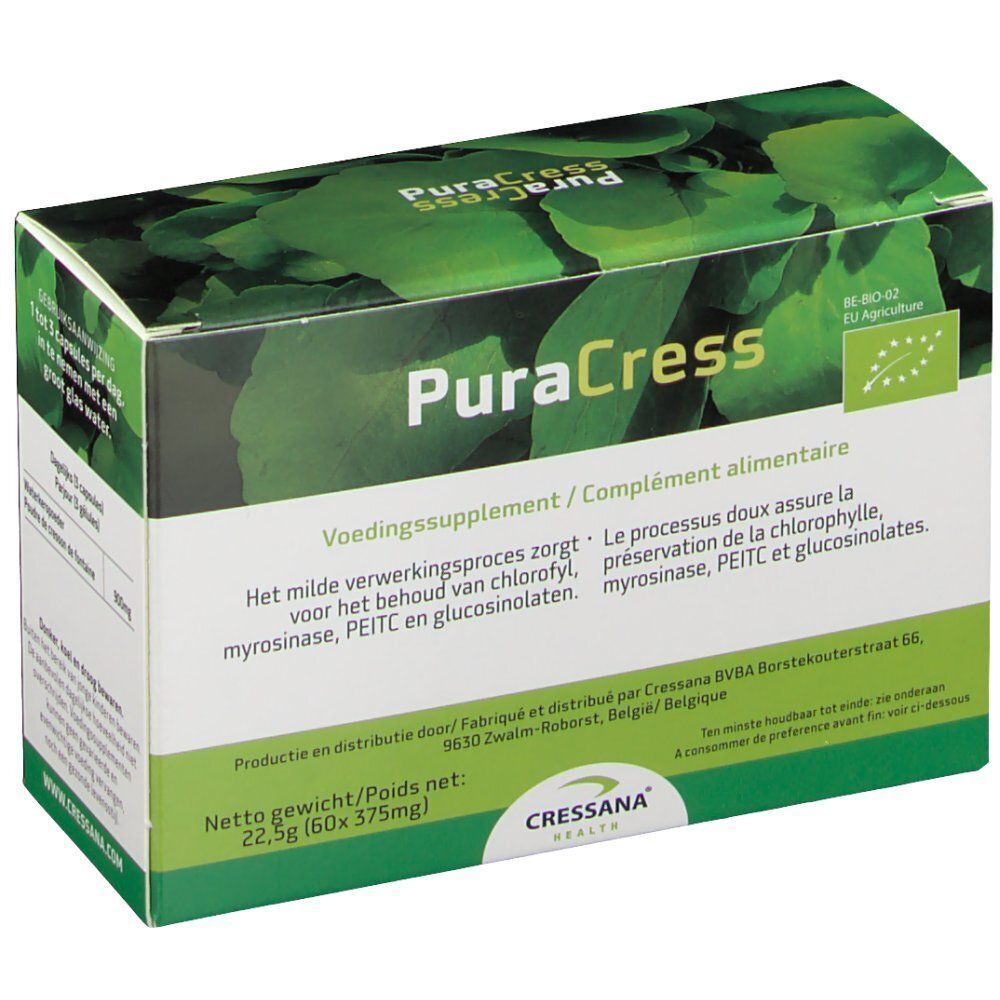 Groene doos met "PuraCress" logo en bladeren. Tekst: "Nettogewicht: 22,5g (60x375mg)". 