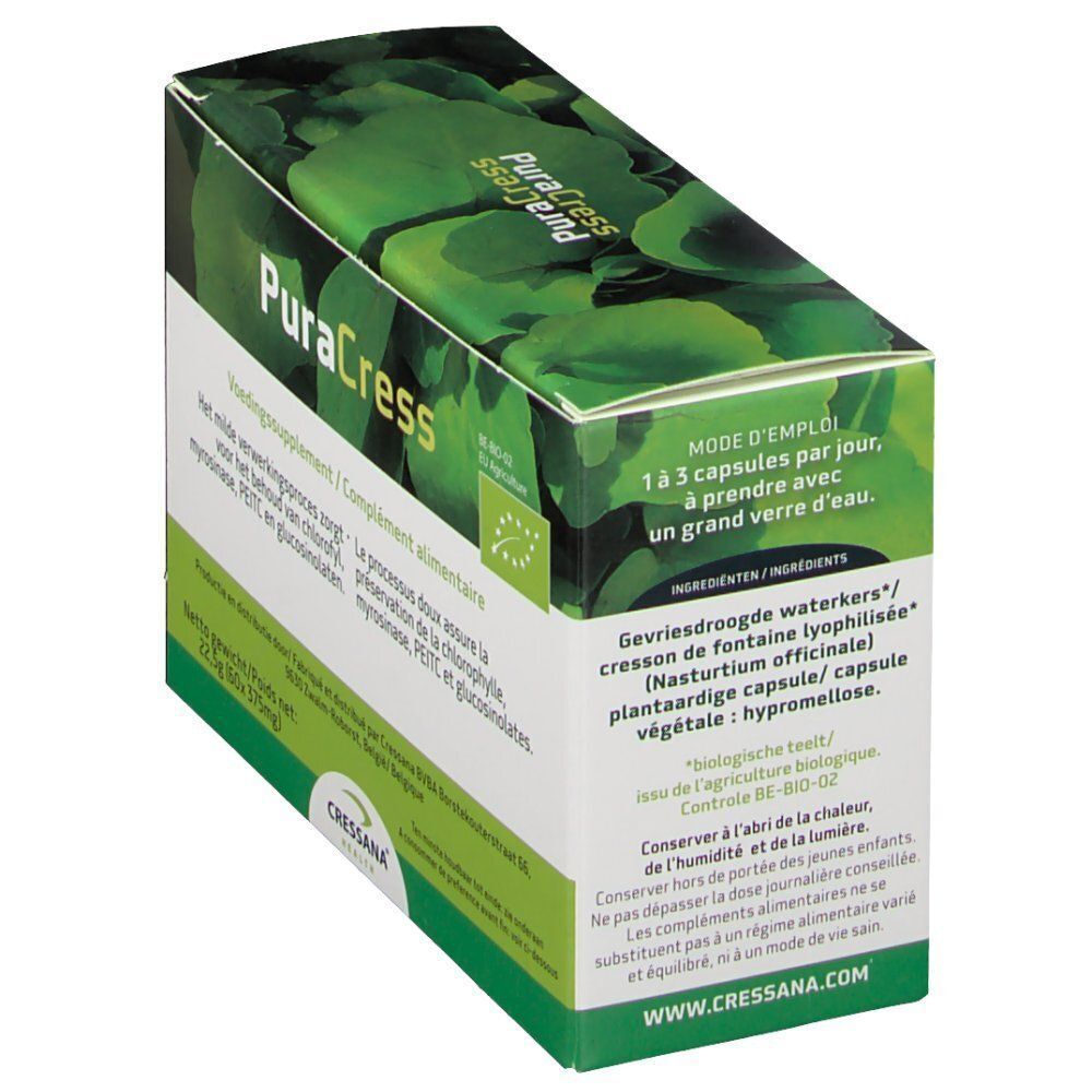 Groene doos met "PuraCress" logo en bladeren. Tekst: "Gebruiksaanwijzing: 1 tot 3 capsules per dag". 