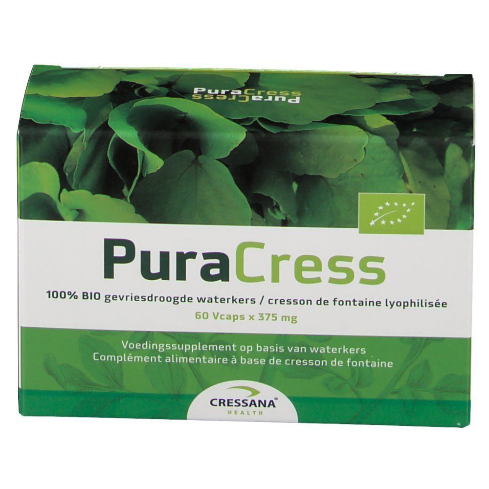 Groene doos met "PuraCress" logo en bladeren. Tekst: "60 Vcaps x 375 mg". 