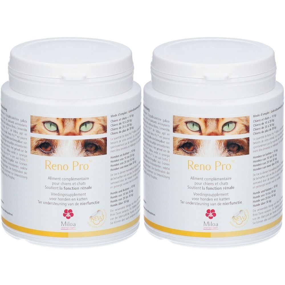 Deux pots blancs avec étiquettes. Inscription : Reno Pro. Complément alimentaire pour chiens et chats. Logo Miloa.
