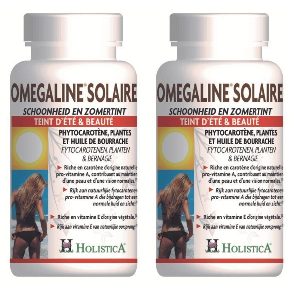 Twee witte flessen Omegaline Solaire. Opschrift: Phytocarotène, Plantes et Huile de Bourrache. Merk Holistica. Afbeelding van een vrouw in bikini.