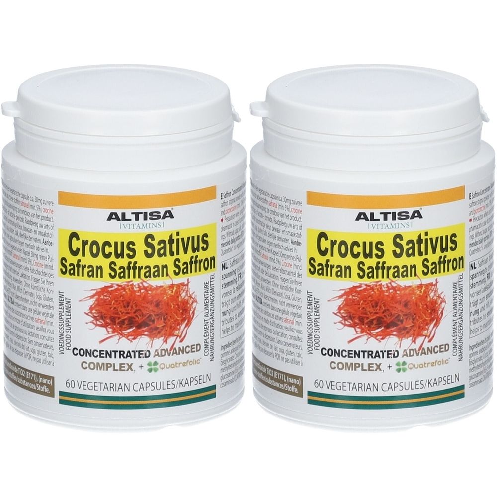 Twee witte potten met etiketten. Opschrift: Altisa Crocus Sativus Safran. 60 vegetarische capsules. Geconcentreerd complex.