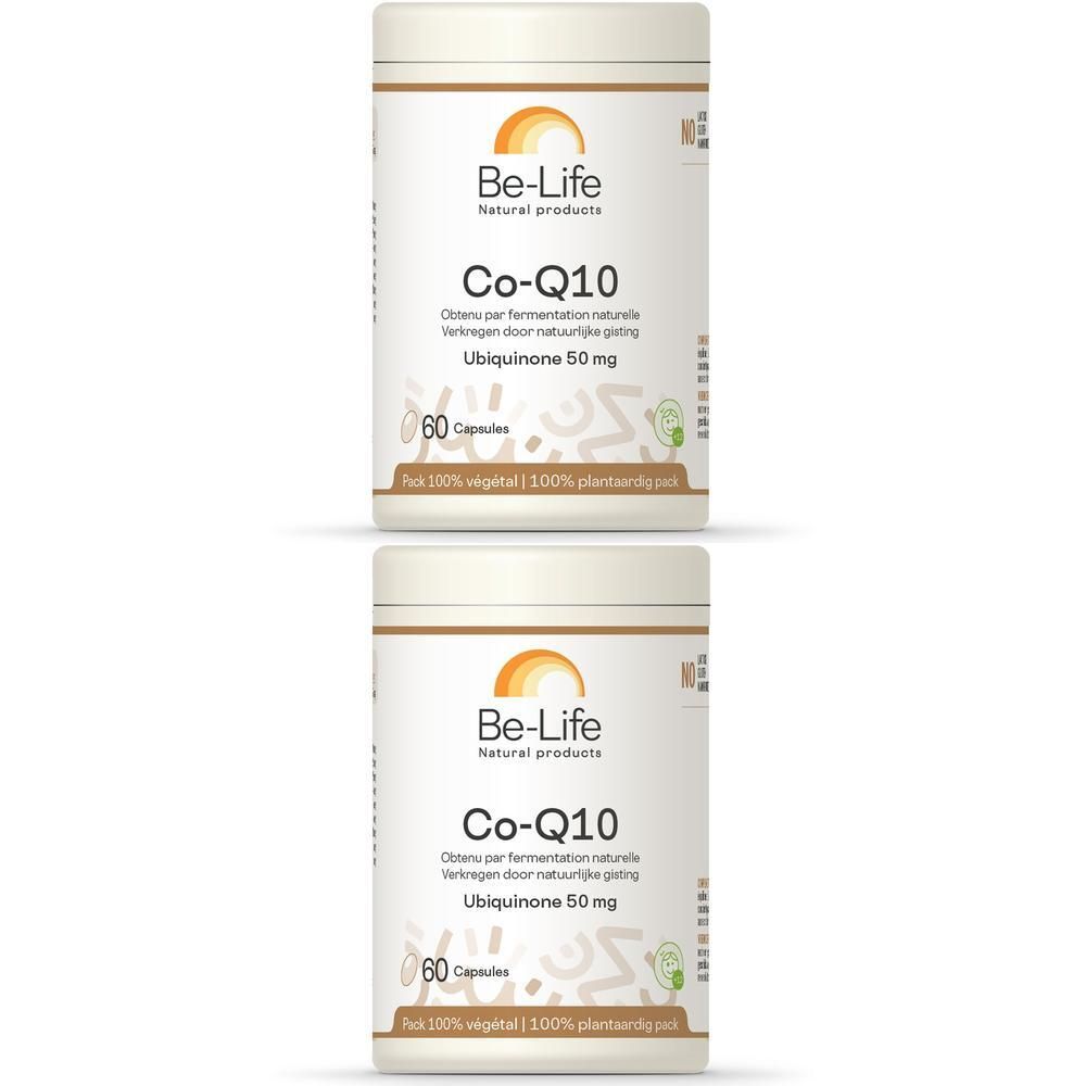 Deux flacons blancs Be-Life Co-Q10 50 mg. Inscription : Co-Q10, Ubiquinone 50 mg, 60 gélules. Logo : soleil. Texte : 100% végétal.