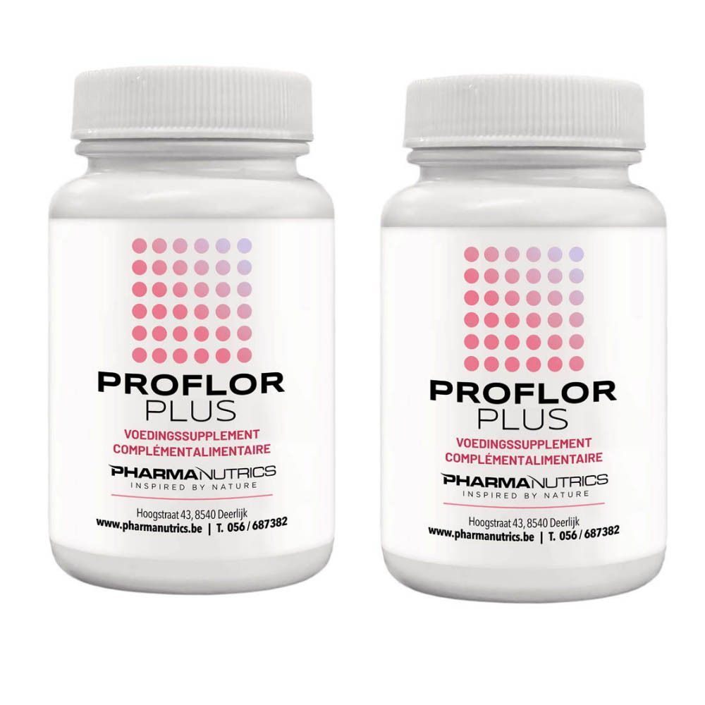 Twee witte flessen met schroefdop. Op elke fles staat "PROFLOR PLUS" en "PHARMANUTRICS".