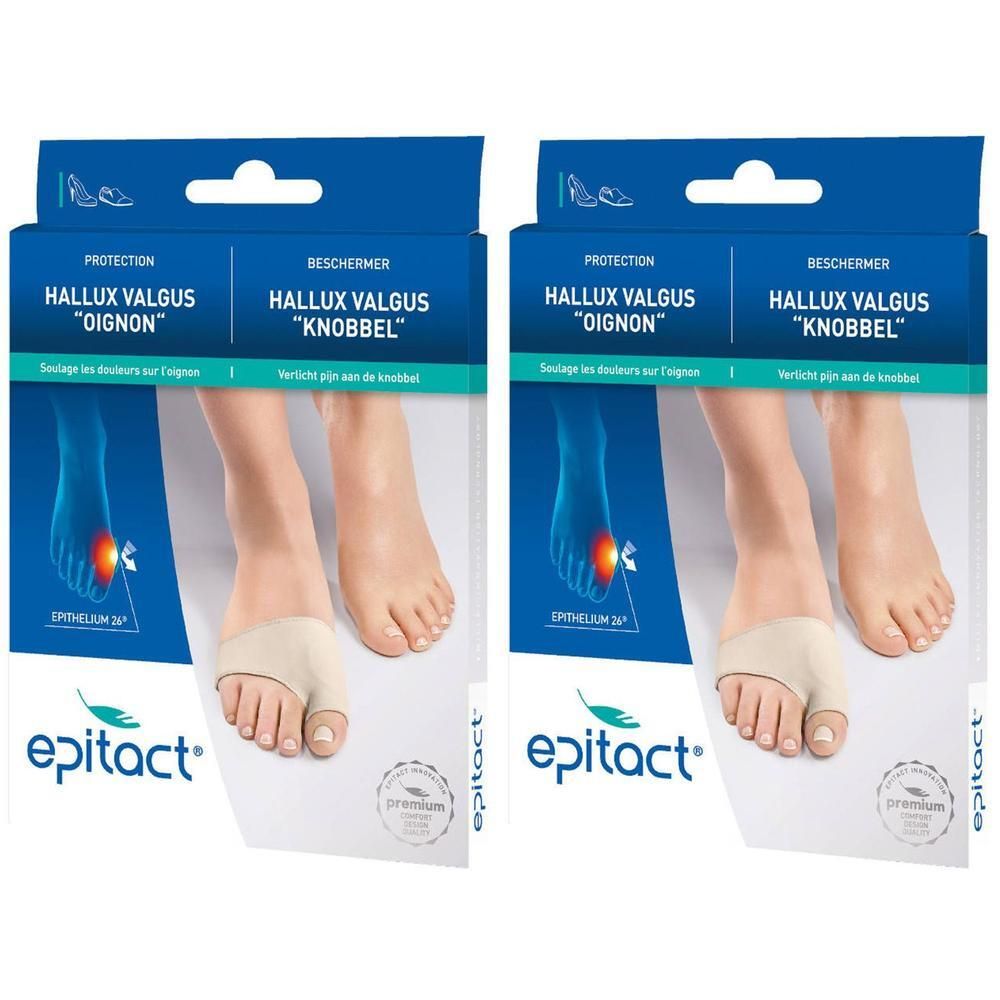 Twee verpakkingen Epitact® Hallux Valgus « Oignon » Medium. Beige teenbeschermer met verpakking. Tekst: Hallux Valgus, Epithelium 26®, Premium.