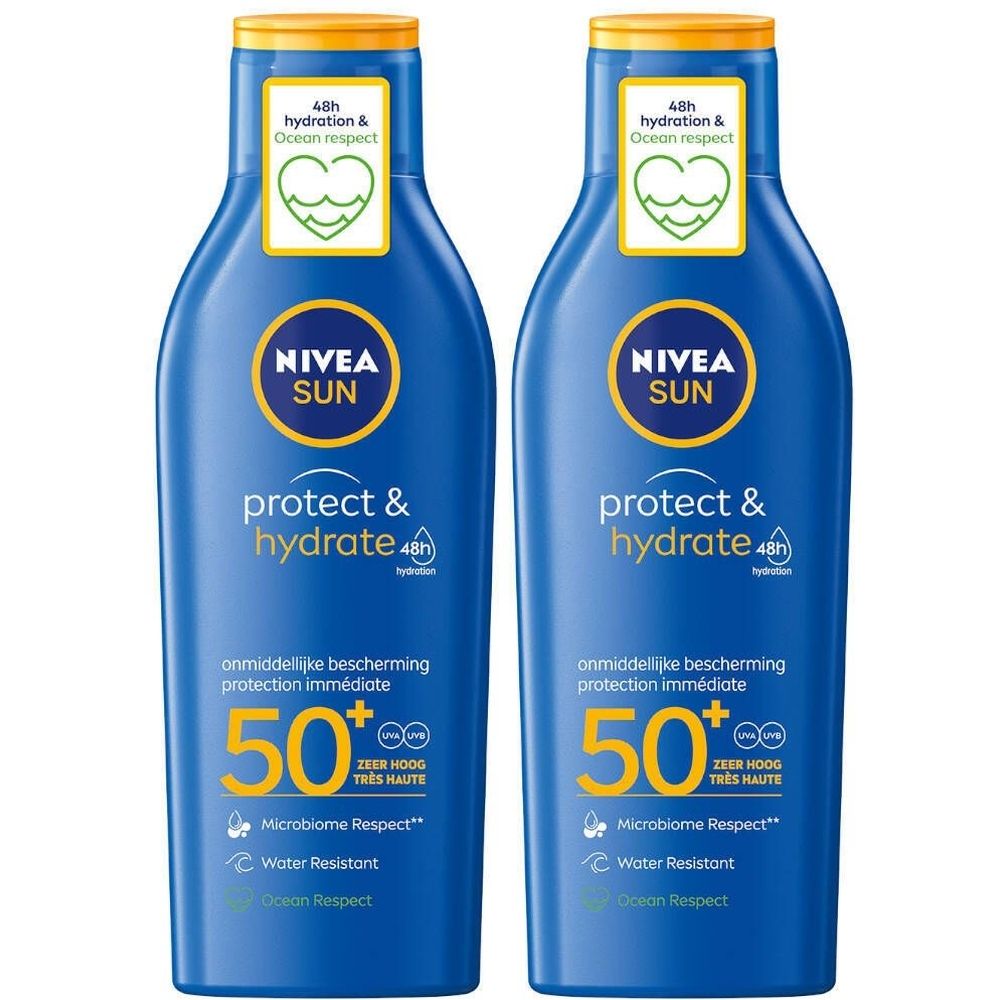 Deux flacons bleus de lotion Nivea Sun Protect & Hydrate SPF50+. Bouchons jaunes et étiquettes blanches avec texte.