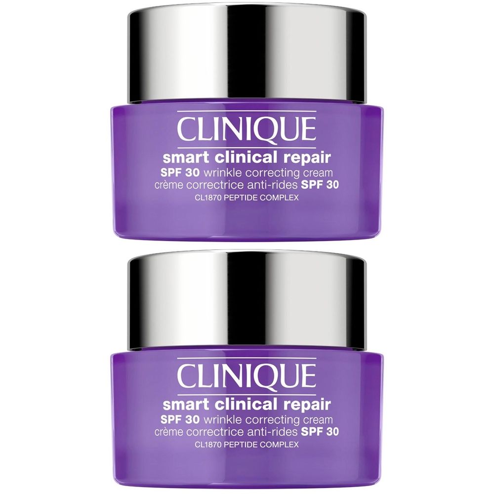 Deux pots de crème violets avec couvercles argentés. Inscription: CLINIQUE, Smart Clinical Repair, SPF 30, crème anti-rides.