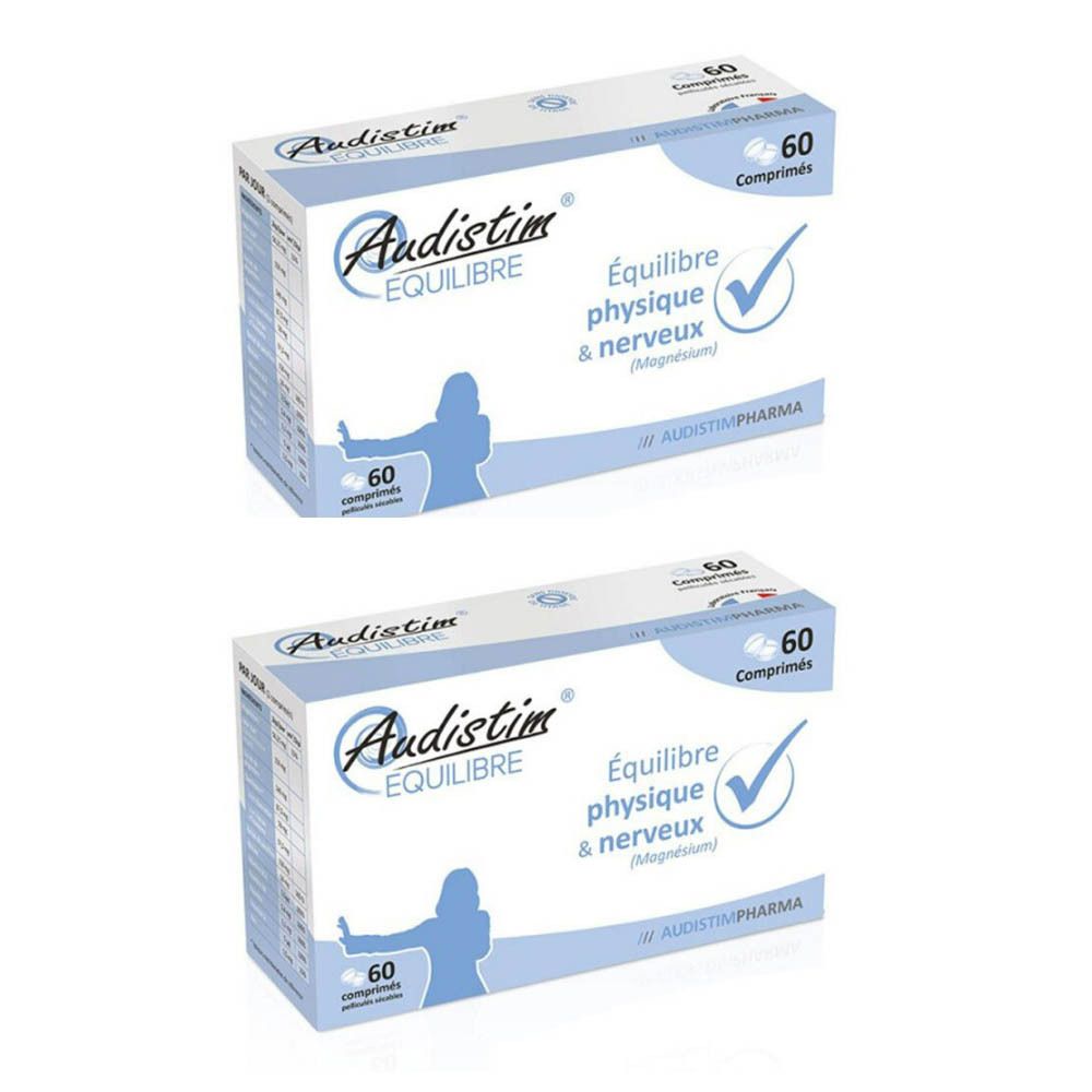 Deux boîtes Audistim Équilibre. Inscription : 60 comprimés. Emballage bleu et blanc avec logo et texte.