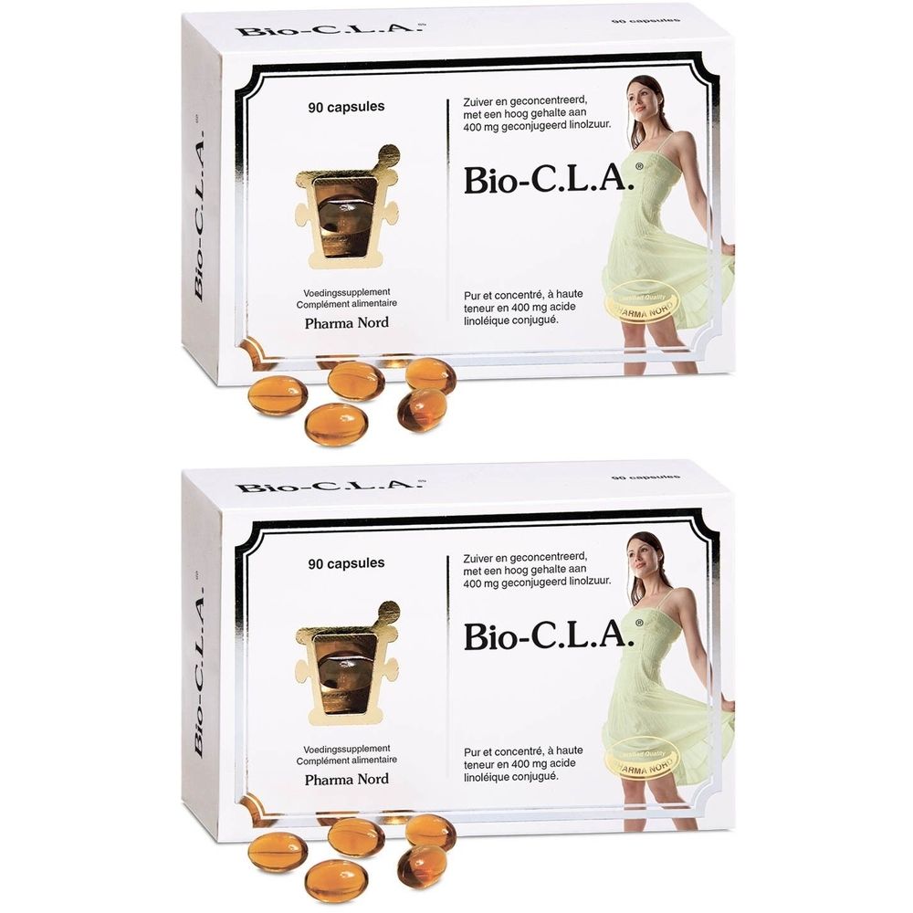 Deux boîtes de gélules Bio-C.L.A. et Pharma Nord. Gélules ambrées à côté.