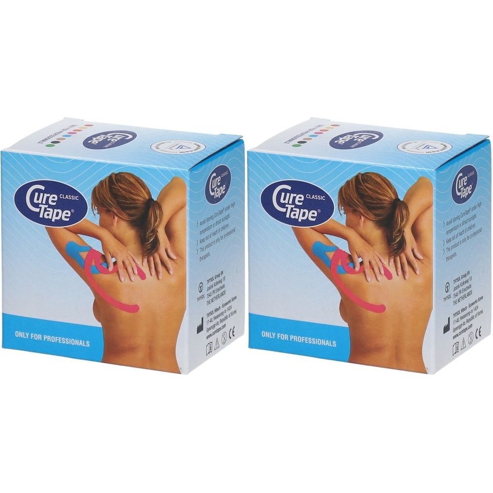 Twee blauwe Curetape-verpakkingen. Opdruk: Curetape Classic, afbeelding van een persoon met gekleurde tapes op de rug.