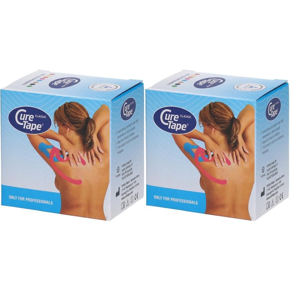 Twee vierkante dozen Cure Tape® Bleu. Opdruk: vrouw met tape op rug. Tekst: ONLY FOR PROFESSIONALS.