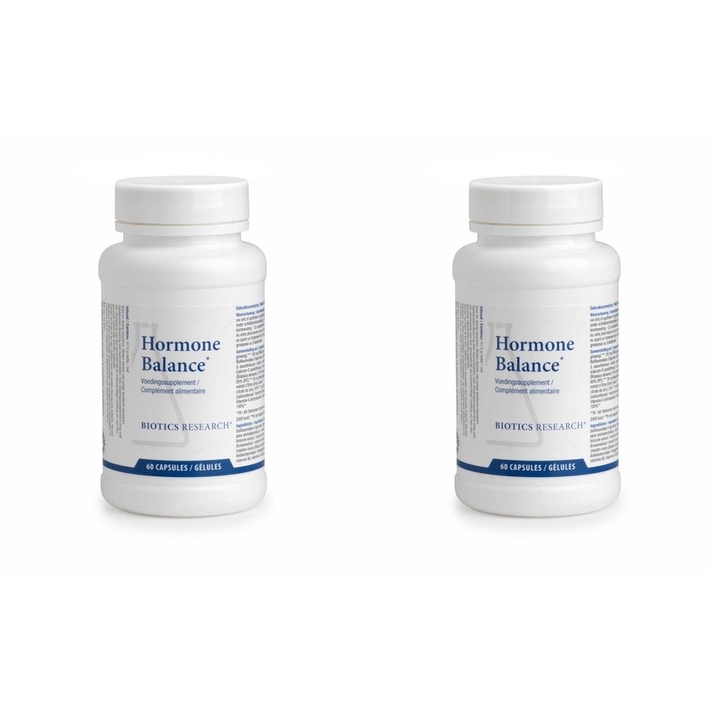 Deux flacons blancs avec l'étiquette "Hormone Balance". Écriture et bande bleues. Biotics Research.