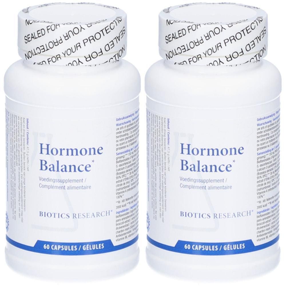 Deux flacons blancs "Hormone Balance". Inscription "Biotics Research". Chaque flacon contient 60 gélules.