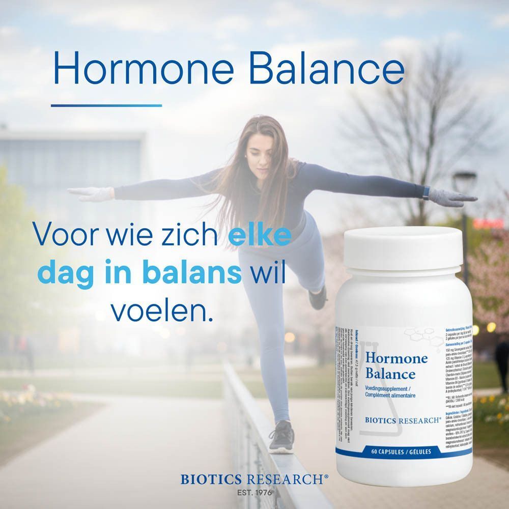 Twee flessen Biotics Research Hormone Balance met verspreide capsules.