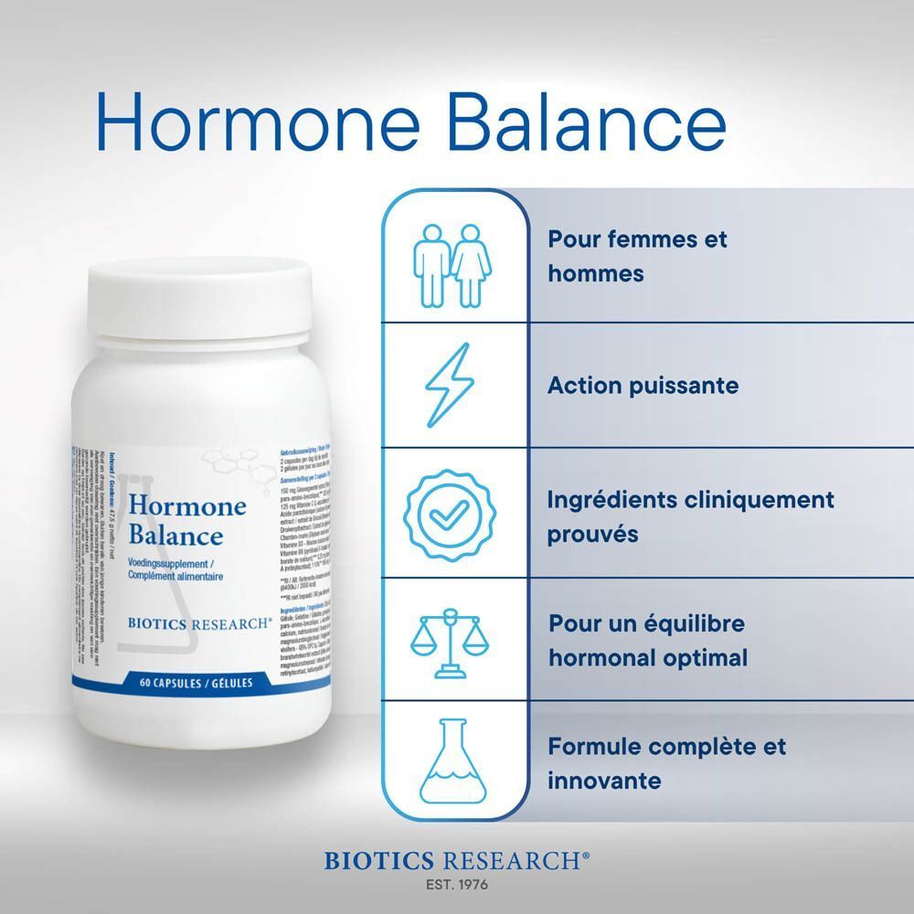 Femme en équilibre, à côté d'une bouteille de Biotics Research Hormone Balance.
