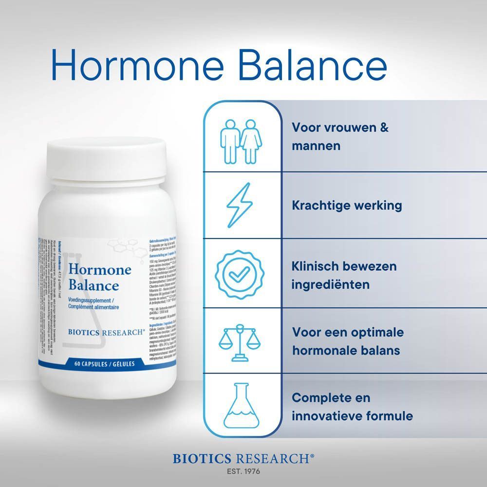 Vrouw in balans, naast een fles Biotics Research Hormone Balance.