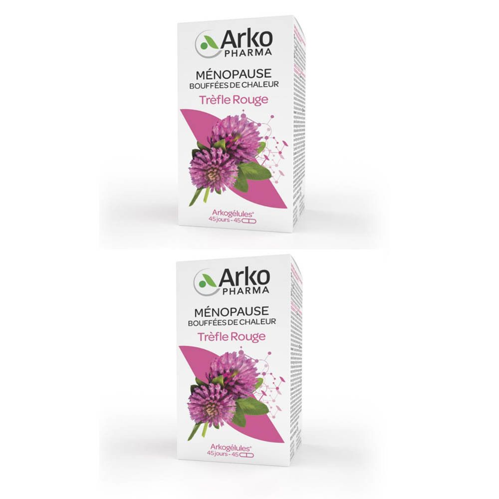 Deux boîtes Arkogélules Trèfle Rouge. Inscription: Ménopause, Bouffées de chaleur, Trèfle Rouge. Illustration de trèfle.