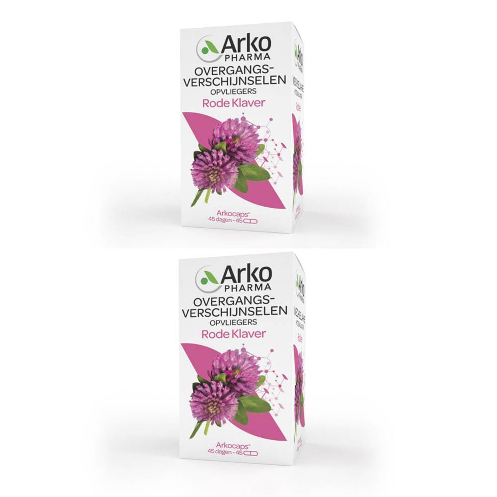 Twee dozen Arkogélules Rode Klaver. Opschrift: Overgangsverschijnselen, Opvliegers, Rode Klaver. Illustratie van klaver.