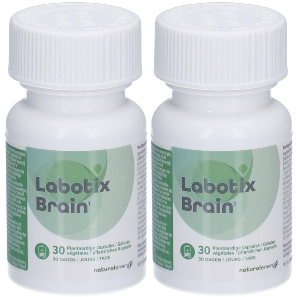 Deux contenants blancs de capsules Labotix Brain. Chaque bouteille contient 30 gélules végétales.