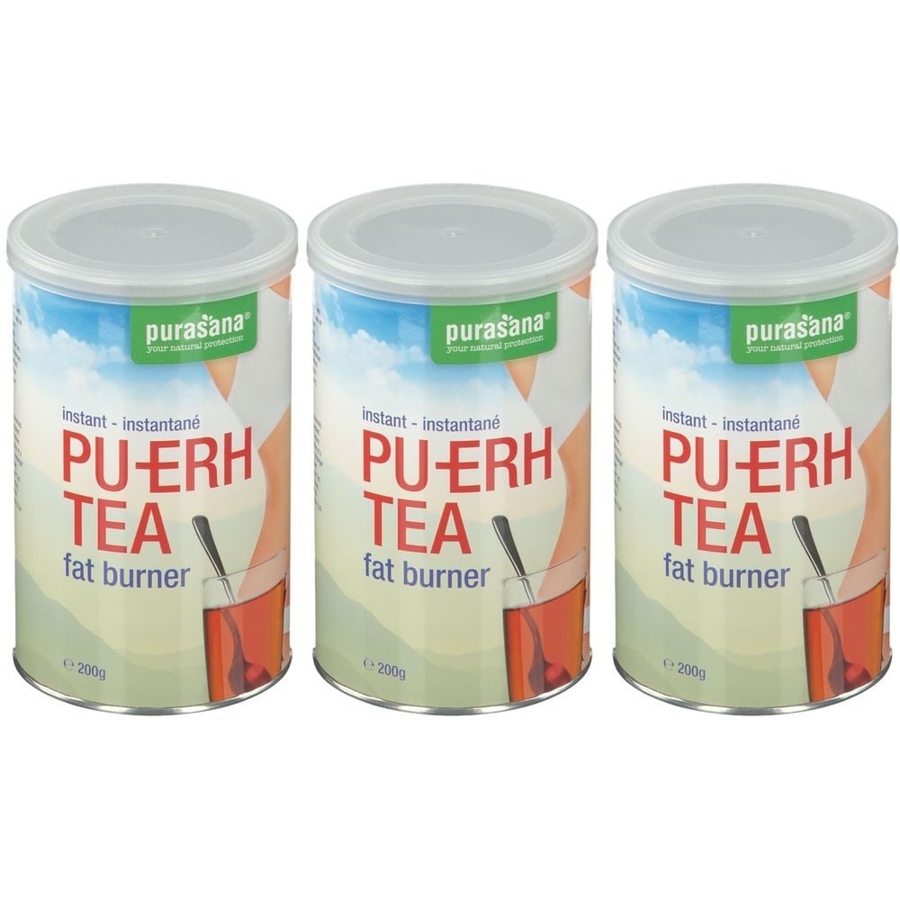 Trois boîtes de Purasana Pu-Erh Tea Instant. Boîtes cylindriques avec couvercles. Inscription : Pu-Erh Tea, fat burner. Éléments verts et bleus.