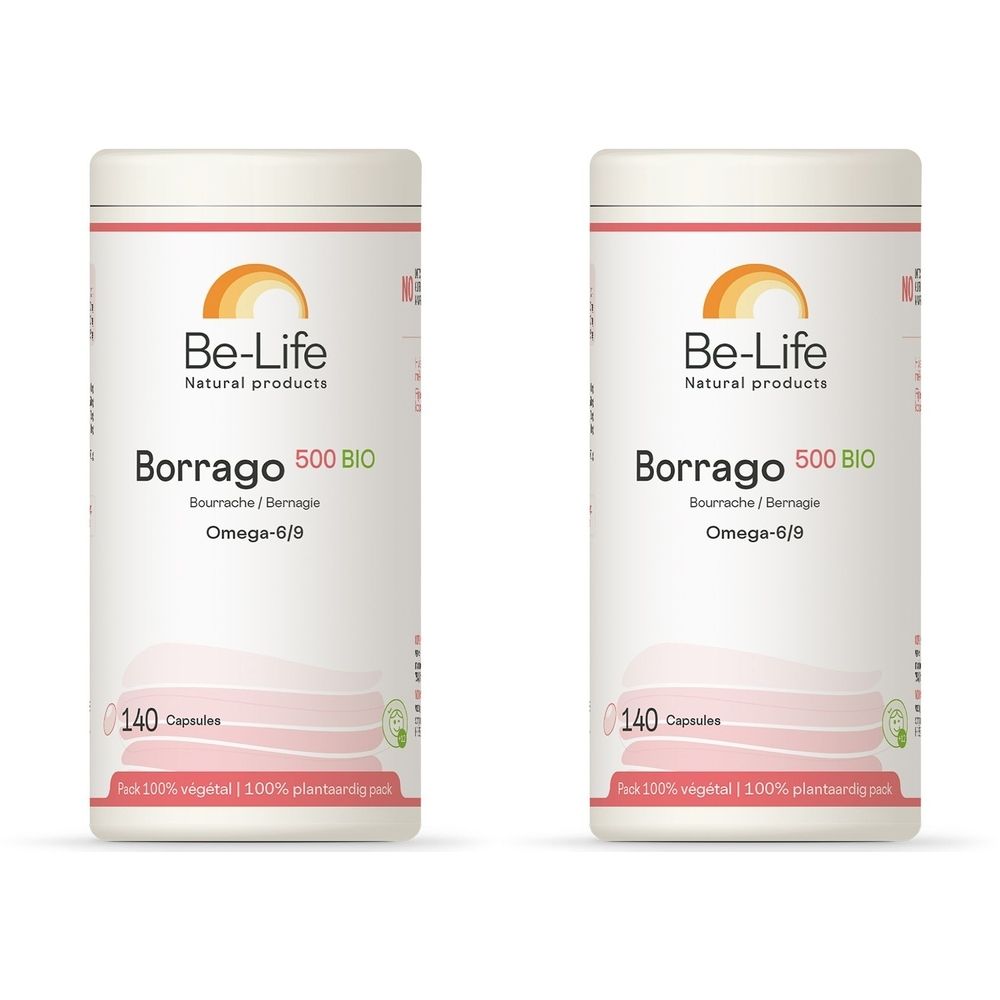 Deux boîtes blanches avec étiquettes. Inscription : Be-Life, Borrago 500 BIO, Omega-6/9. 140 gélules. Avec label bio.