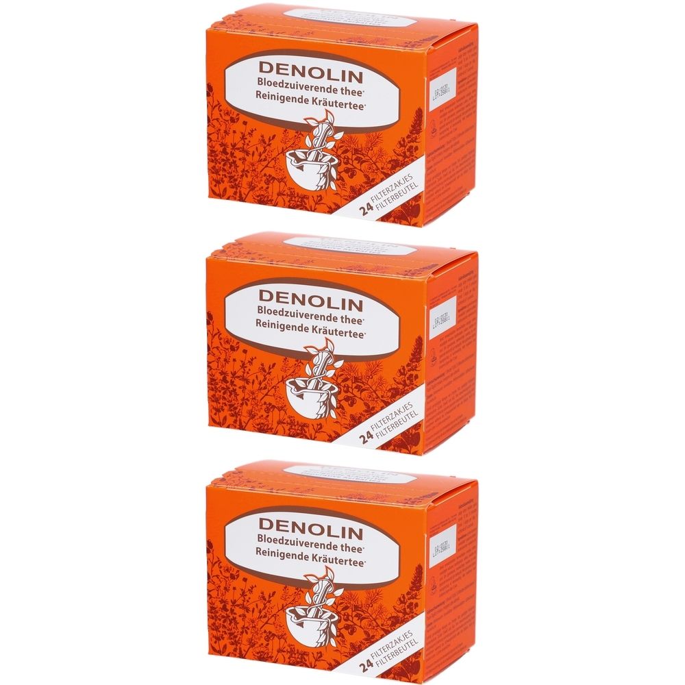 Drie oranje dozen met "DENOLIN". Tekst: "Bloedzuiverende thee Reinigende Kräutertee". 24 filterzakjes.