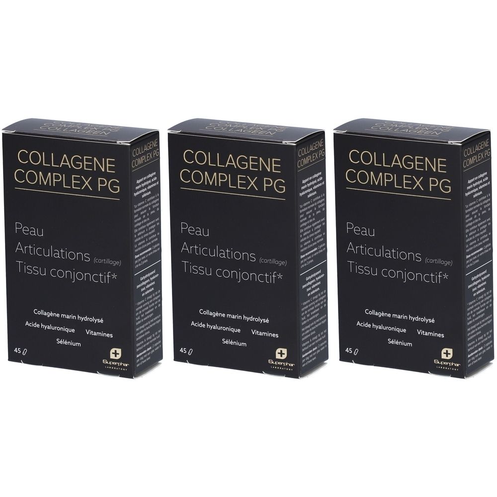 Trois boîtes de Pharmagenerix Collagène Complex PG. Emballage noir avec texte blanc. Inscription: Peau, Articulations, Tissu conjonctif.