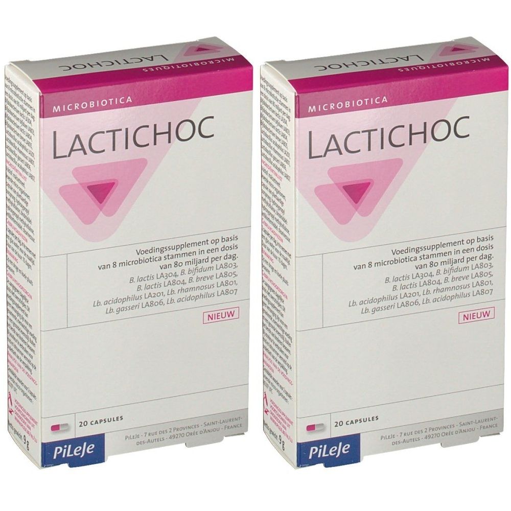 Deux boîtes rectangulaires LACTICHOC. Emballage rose et blanc. Texte multilingue. En bas, "20 CAPSULES". Marque Pileje visible.