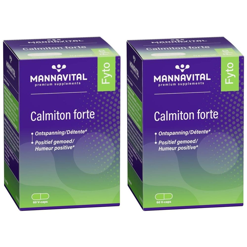 Twee dozen Mannavital Calmiton forte. Paarse en groene verpakking met productnaam en logo. Bevat 60 V-caps.