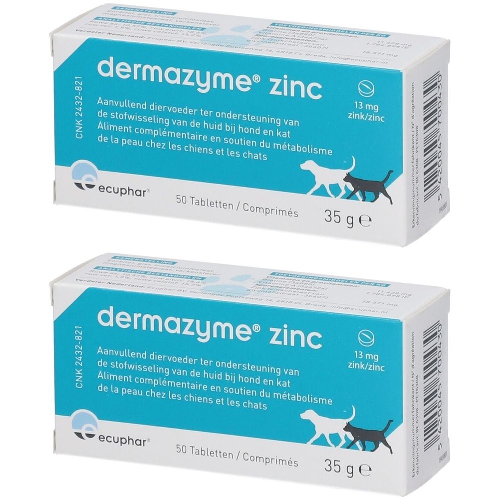 Deux boîtes de "dermazyme® zinc". Contient 50 comprimés. Inscriptions en plusieurs langues, dont le français. Logo avec chien et chat.