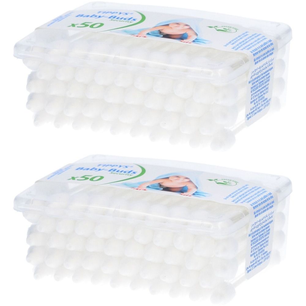 Twee verpakkingen Tippys Baby-Buds Coton-Tiges Papier. Transparante plastic dozen met wattenstaafjes. Opschrift: x50.