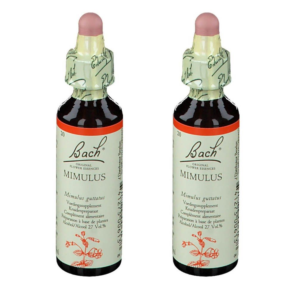 Deux flacons avec étiquette. Inscription : Bach, Mimulus. Flacons compte-gouttes avec bouchon rose.